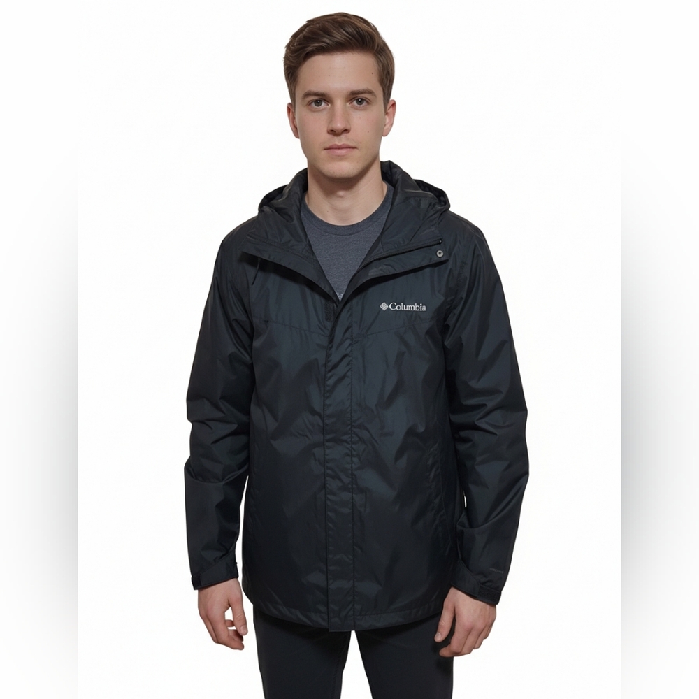 Columbia Omni Tech Men Black Rain Hooded Jacket Parka Style Lightweight Mesh L